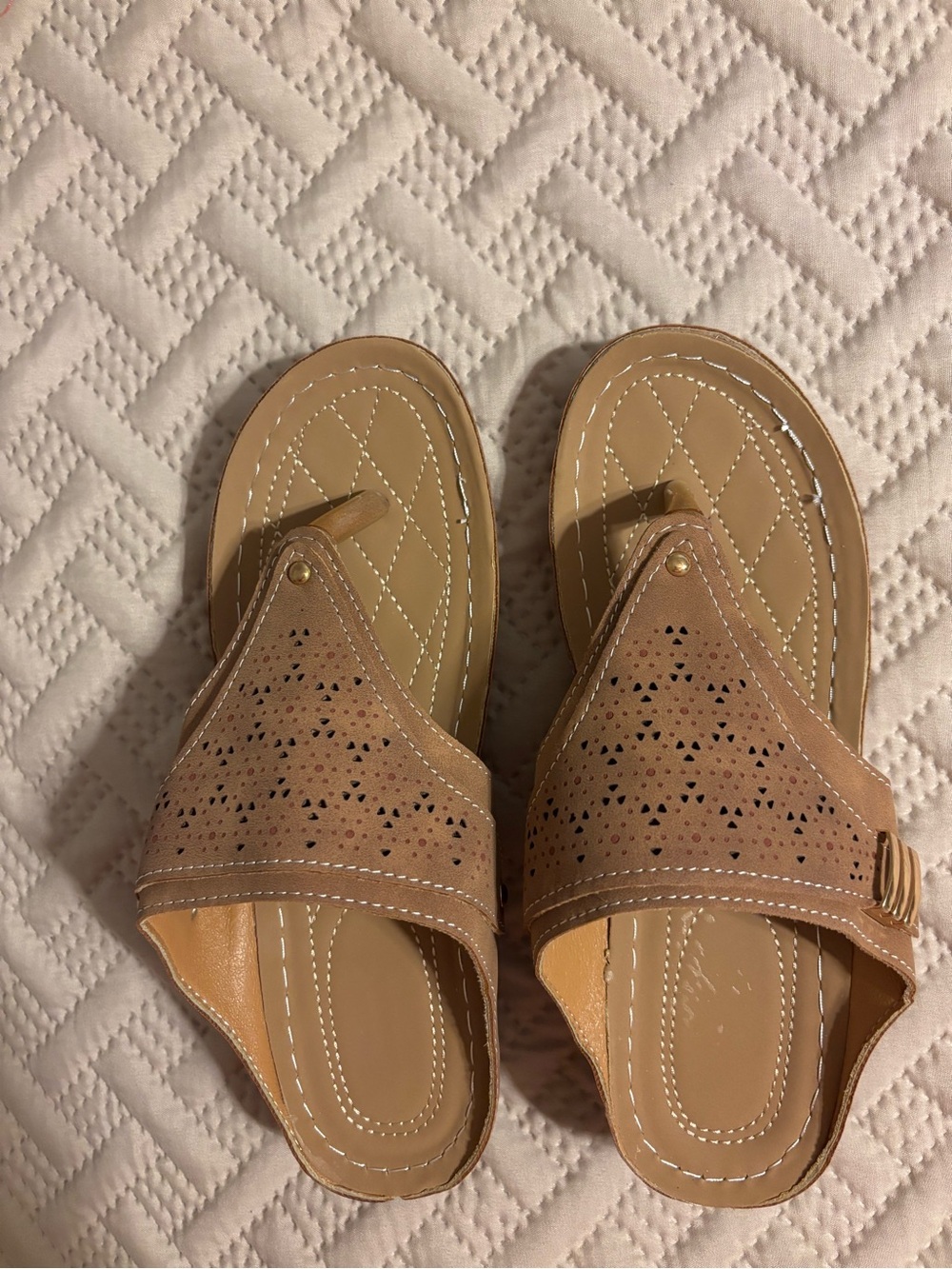 Women’s Casual Tan Slide Sandals with Perforated Upper